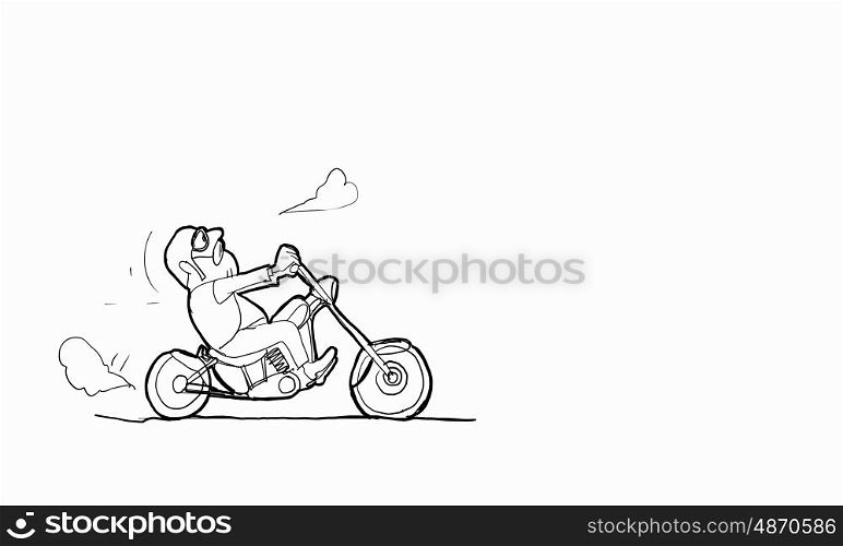 Biker man. Cartoon funny image of biker riding his motorbike