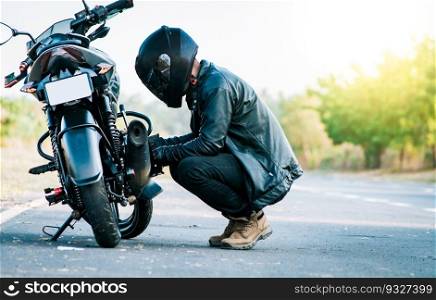 Biker repairing motorcycle on the road. Motocyclist fixing the motorcycle on the road, Man checking his motorcycle on the road