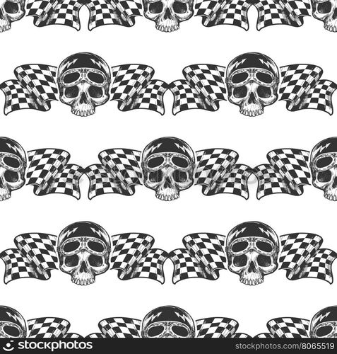 Biker rider skull and flags pattern. Seamless pattern with biker rider skull and racing flags. Vector illustration