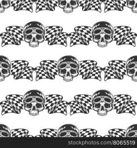 Biker rider skull and flags pattern. Seamless pattern with biker rider skull and racing flags. Vector illustration