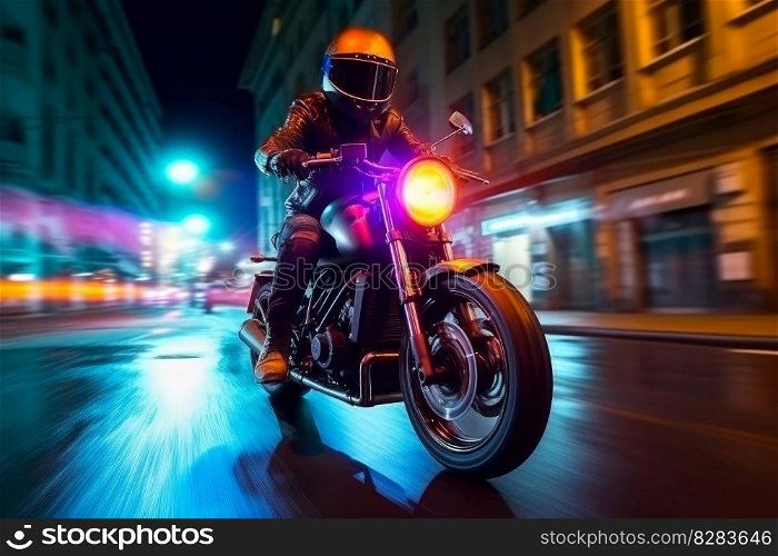 Biker rides in night city. Speed drive. Generate Ai. Biker rides in night city. Generate Ai