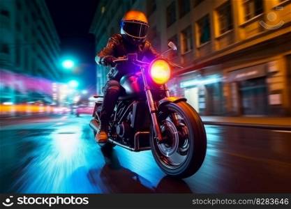 Biker rides in night city. Speed drive. Generate Ai. Biker rides in night city. Generate Ai