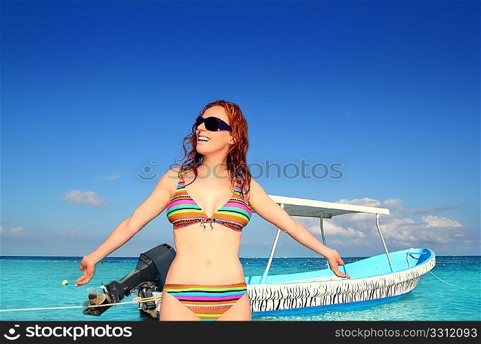 bikini beach tourist with sunglasses in tropical sea