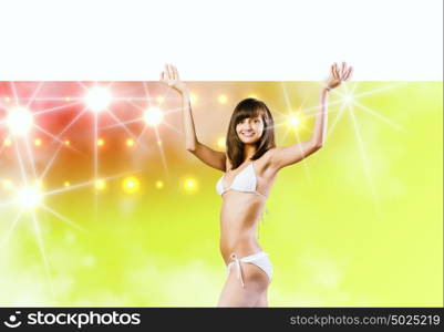 Bikini girl presenting something. Attractive girl in bikini with white blank banner