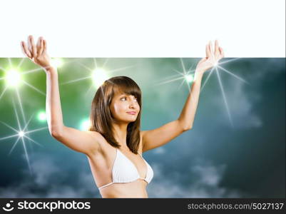 Bikini girl presenting something. Attractive girl in bikini with white blank banner
