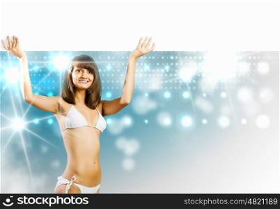 Bikini girl with banner. Young woman in bikini holding banner above head
