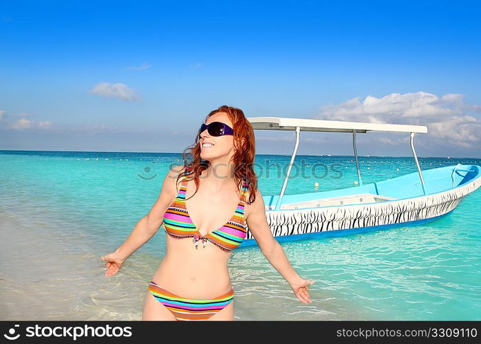 bikini medium age woman beach tourist in Caribbean tropical sea