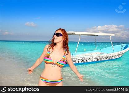 bikini medium age woman beach tourist in Caribbean tropical sea