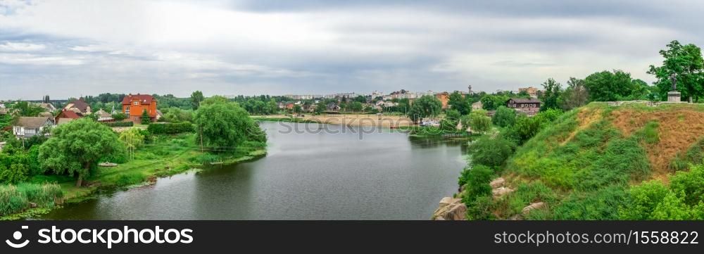 Bila Tserkva, Ukraine 06.20.2020. Ros river in the city of Bila Tserkva, Ukraine, on a cloudy summer day. Ros river in Bila Tserkva city, Ukraine