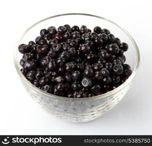 Bilberries in glass bowl close up isolated on white backgraund