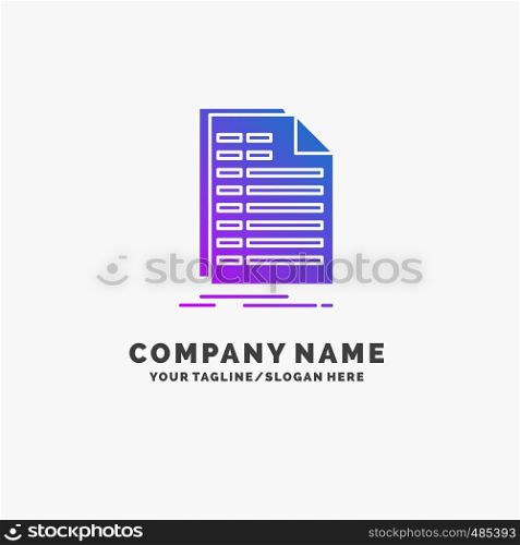 Bill, excel, file, invoice, statement Purple Business Logo Template. Place for Tagline.. Vector EPS10 Abstract Template background