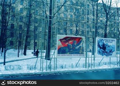 Billboards along a river, St. Petersburg, Russia