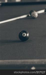 Billiard balls and cue stick on green table. Pool game. Snooker ball and stick on billiard table