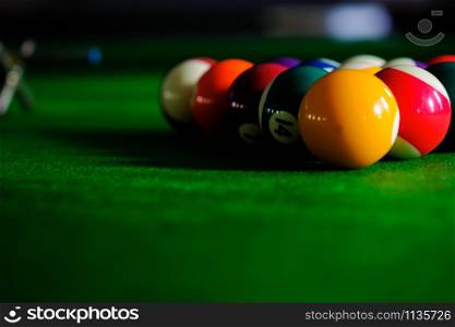 Billiard balls. Colorful snooker balls on green frieze