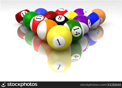 billiard balls isolated on white background with reflection