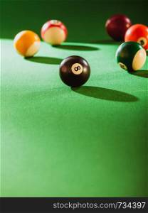Billiard cue balls on green table. Pool game. Snooker ball on billiard table