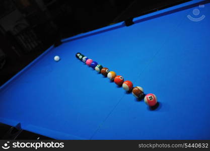 billiard sport game balls on blue table on billiard club ready to play