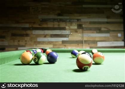 Billiard table with balls. Green billiard table.
