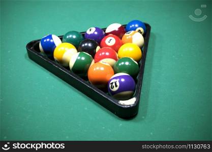 Billiard table with balls. Green billiard table.