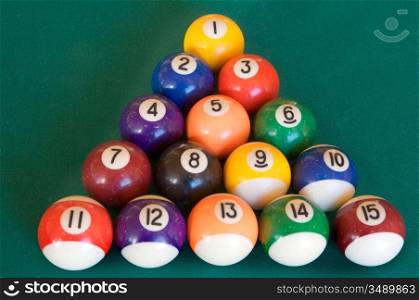 billiard-table with fifteen balls arranged as triangle