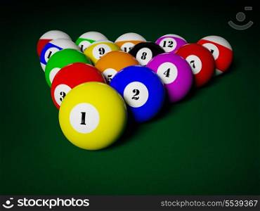 Billiards pool balls on pool table racked