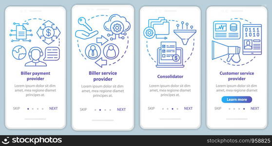 Billing services onboarding mobile app page screen vector template. Biller payment, advice provider. Walkthrough website steps with linear illustrations. UX, UI, GUI smartphone interface concept