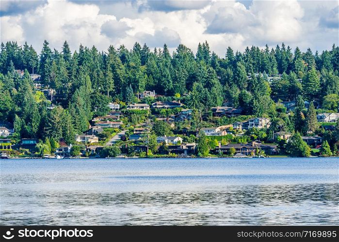 Billowing clouds hover over Mercer Island in Washington State.