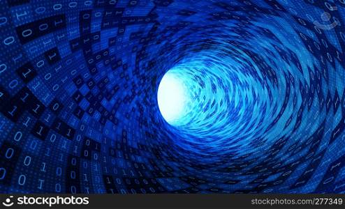 Binary code numbers in blue abstract speed motion in highway tunnel with light flare for futuristic network connection technology background, digital security data in computer. 3d illustration