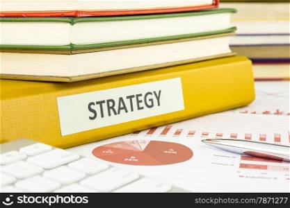 Binder of business strategy documents with graph analysis and budget plan