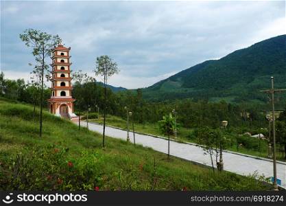 BINH DINH, VIET NAM- NOV 3, 2017: Historical place at Tay Son inherent in Nguyen Hue hero, temple on An mountain top for sacrifices heaven and earth, majestic landscape around monument, Vietnam