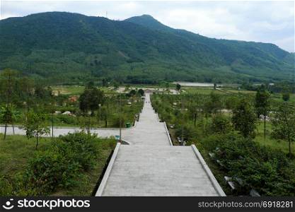 BINH DINH, VIET NAM- NOV 3, 2017: Historical place at Tay Son inherent in Nguyen Hue hero, temple on An mountain top for sacrifices heaven and earth, majestic landscape around monument, Vietnam