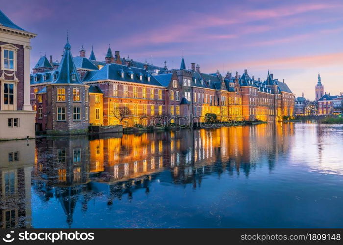 Binnenhof castle (Dutch Parliament) cityscape downtown skyline of Hague in Netherlands at sunset