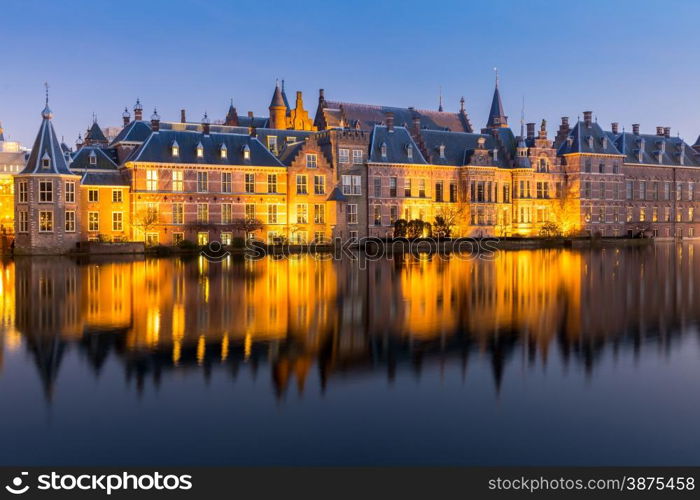 Binnenhof palace, place of Parliament in The Hague, of Netherlands at dusk