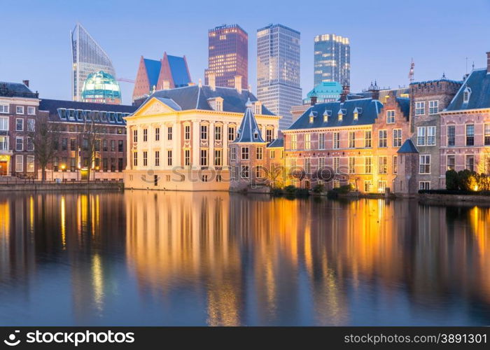 Binnenhof palace, place of Parliament in The Hague, of Netherlands at dusk