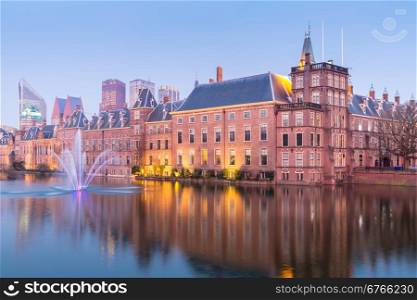 Binnenhof palace, place of Parliament in The Hague, of Netherlands at dusk