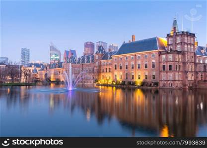 Binnenhof palace, place of Parliament in The Hague, of Netherlands at dusk