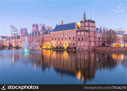 Binnenhof palace, place of Parliament inThe Hague, of Netherlands at dusk