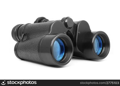 Binoculars reflecting the sky isolated on white background