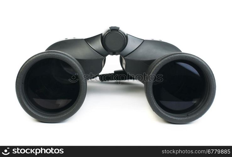 Binoculars white isolated studio shot. Black Binocular