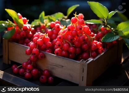Bio red currant berries in a wooden box. Generative AI
