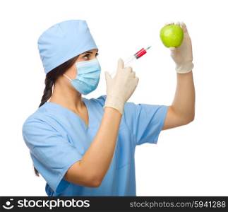 Biochemist with apple and syringe isolated