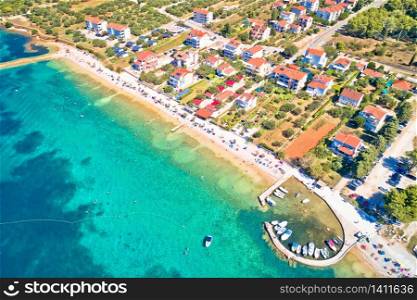 Biograd na Moru idyllic turquoise beach aerial view, Dalmatia region of Croatia