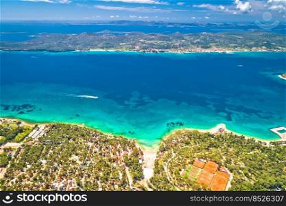 Biograd na Moru idyllic turquoise beach and Pasman island aerial view, Dalmatia region of Croatia