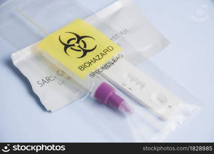 Biohazard Specimen Bag with Covid-19 Antigen Rapid Test Kit used inside,infectious waste concept