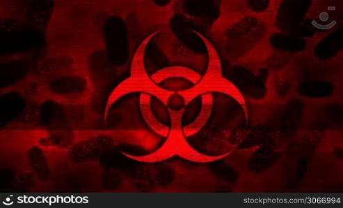 Biohazard symbol and bacteria on damaged red display