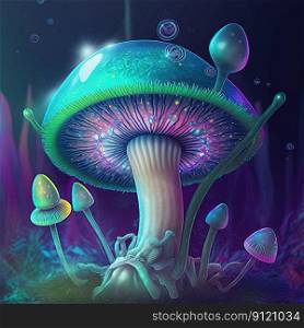 Bioluminescent mushrooms in psychedelic forest. Glowing magic dmt mushrooms concept. Mycelium microorganism in acid wave dreamy wonderland. Generative AI. Not based on any actual scene. Psychedelic mushrooms in forest. Generative AI. Not based on any actual scene or pattern