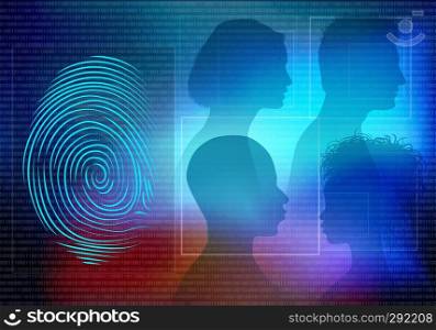 Biometric electronic system for identity identification. Background with faces of people man and woman in profile silhouette and fingerprint