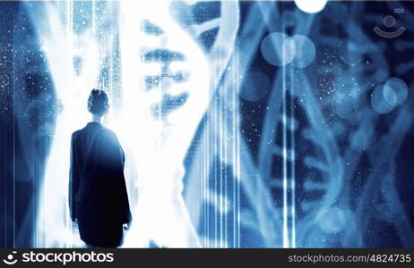 Biotechnologies and DNA research. Businesswoman standing with back and virtual panel with dna spiral