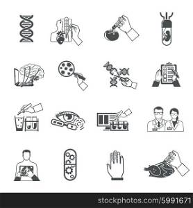 Biotechnology Black Icons Set. Biotechnology black icons set of scientific research in field of genetic engineering and nanotechnology isolated vector illustration