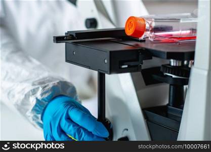  Biotechnology engineer inspecting cell culture flask